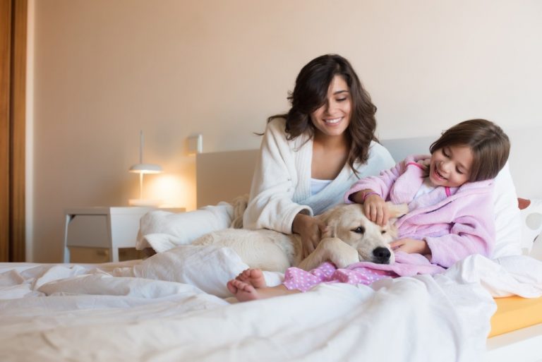 mom, kid and their dog