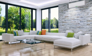 3D rendering illustration of a modern bright room with air conditioning